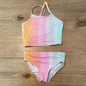 Hanna Andersson Pastel Rainbow Stripe Girls Two-Piece Swim Set
